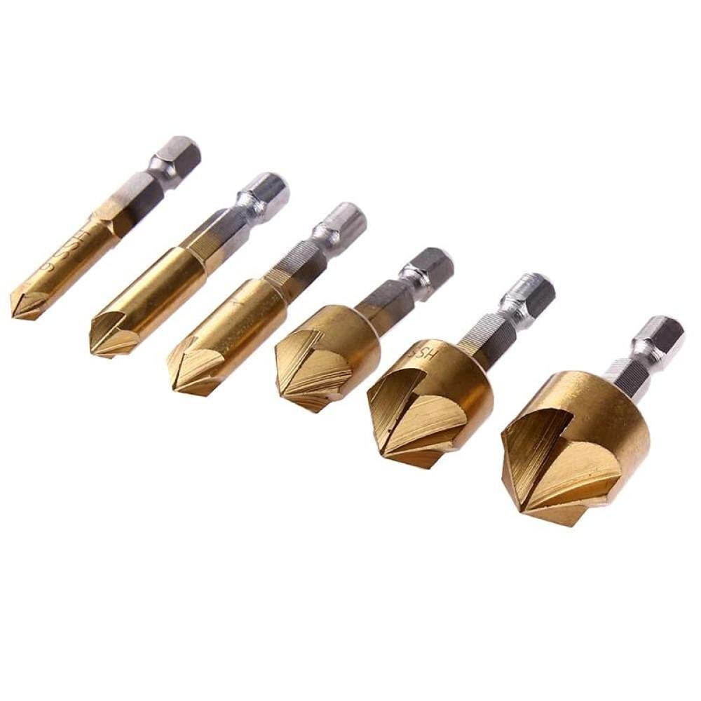 6pcs HSS Chamfer Drill Bit Set - 90 Degree Countersink Bits with Hex Shank (6mm-19mm) for Woodworking, Metal Drilling & DIY Projects