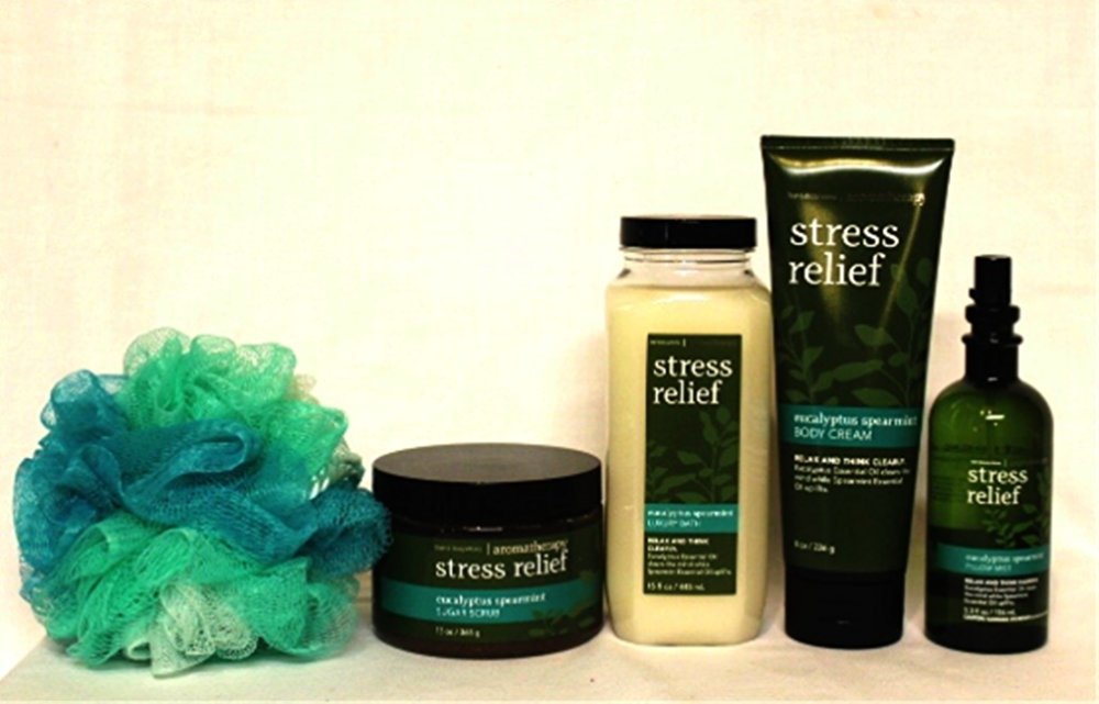 Bath & Body Works Aromatherapy Gift Set - Eucalyptus Spearmint Stress Relief Bundle with Sugar Scrub, Pillow Mist, Bath Soak, Body Cream & Shower Sponge | Relaxing Spa Kit for Self Care, Home & Gifts