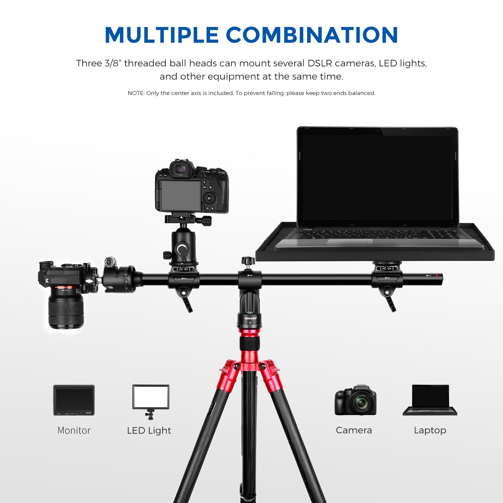 NEEWER 25/30 Inch 62cm/76cm Horizontal Tripod Center Axis - Professional Camera Tripod for DSLR, Video & Photography - Perfect for Travel, Vlogging & Studio Shoots
