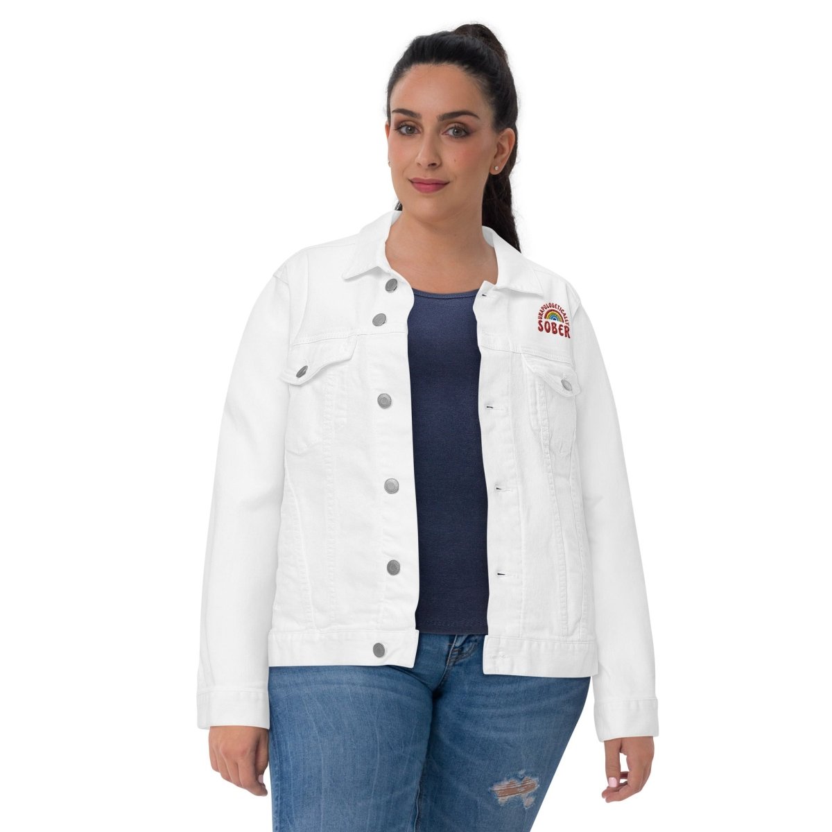 Unapologetically Sober Embroidered Denim Jacket for Men & Women | Vintage Style Distressed Denim Coat | Perfect for Casual Wear, Music Festivals & Street Fashion