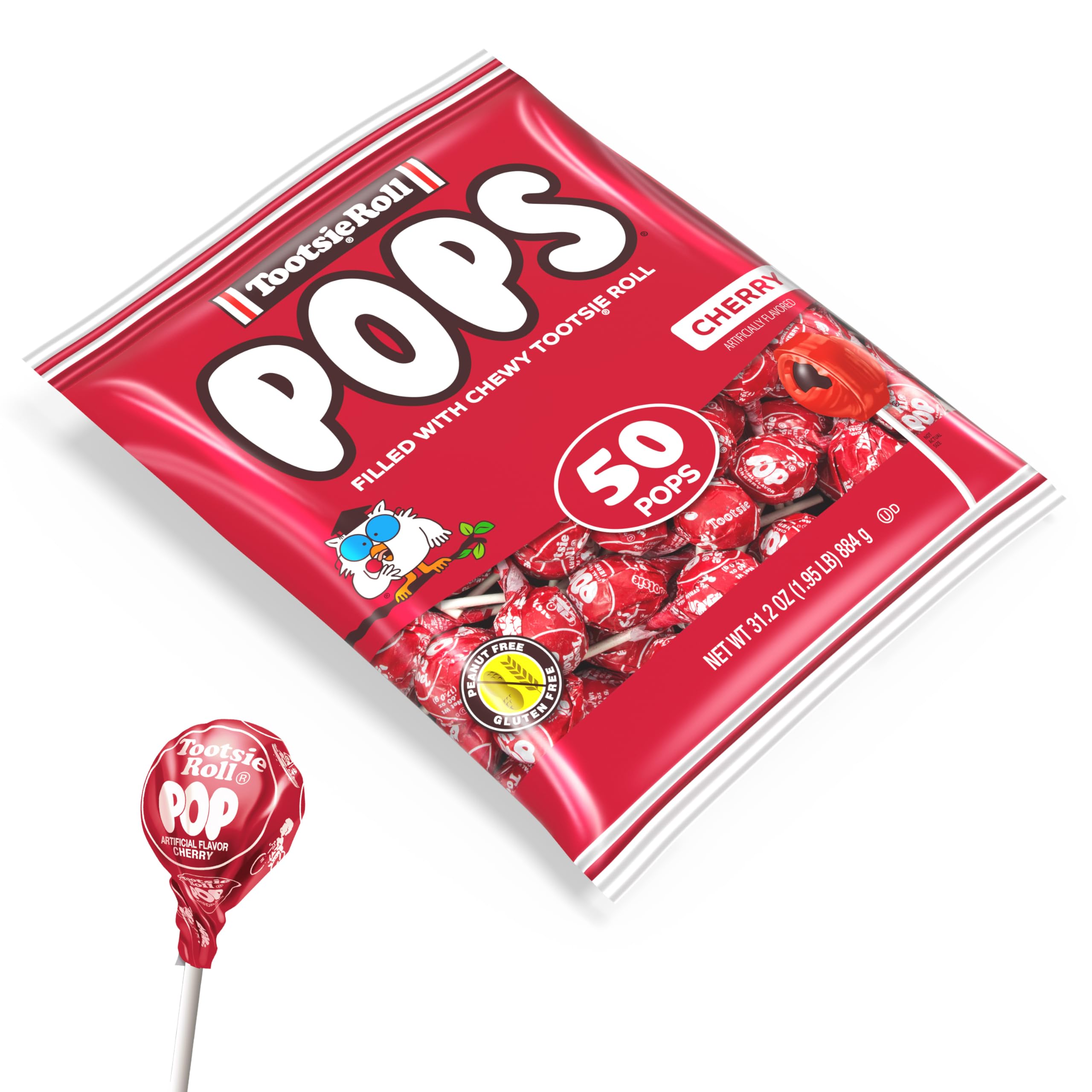 Tootsie Pops Cherry Lollipops with Chocolate Center - 50 Count Individually Wrapped Hard Candy - Peanut Free, Gluten Free Red Candy - Perfect for Halloween Treats, Party Favors & Office Snacks