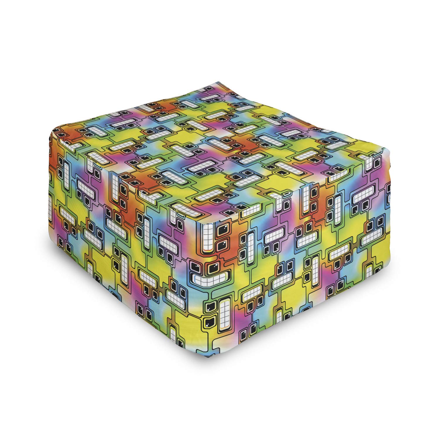 Ambesonne Colorful Rectangle Pouf Ottoman - Hippie Digital Print with Fun Character Eyes & Teeth Video Game Art Design - 25