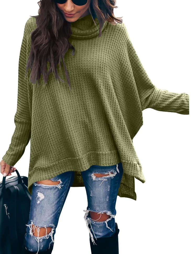 Caracilia Women's Oversized Turtleneck Sweater - Batwing Long Sleeve Waffle Knit Pullover with Split Hem | Cozy Winter Tunic Top for Casual Outfits, Office Wear & Date Nights 2024