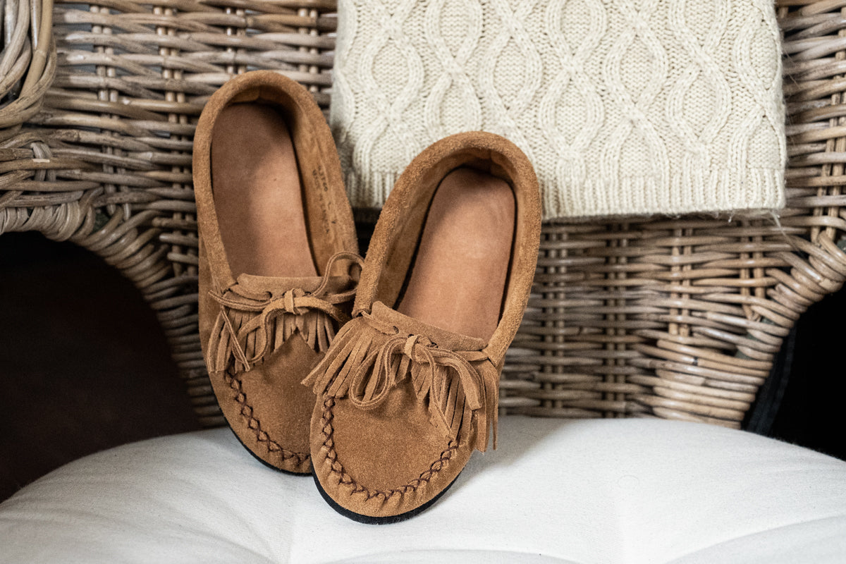 Women's Gray Suede Moccasins with Fringe Detail & Rubber Sole - Comfortable Slip-On Shoes for Casual Wear, Travel & Home