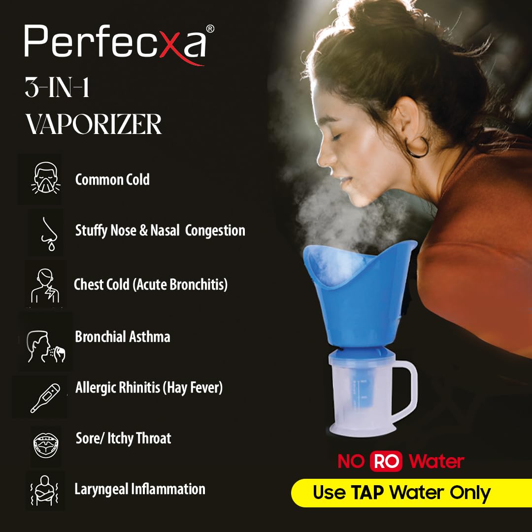 Perfecxa 3-in-1 Steam Vaporizer for Cold & Cough Relief - Portable Nose Steamer, Inhaler & Facial Vaporizer Machine - Soothing Steam Therapy for Congestion, Allergies & Dryness - Perfect for Home & Travel Use (Blue)