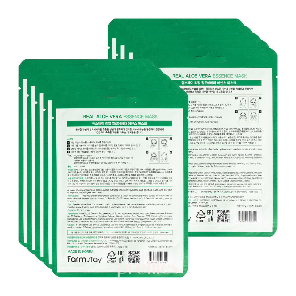 Farmstay Real Aloe Vera Essence Mask - 10 Sheet Pack for Hydrating & Soothing Skin - Perfect for Daily Skincare Routine & Post-Sun Care