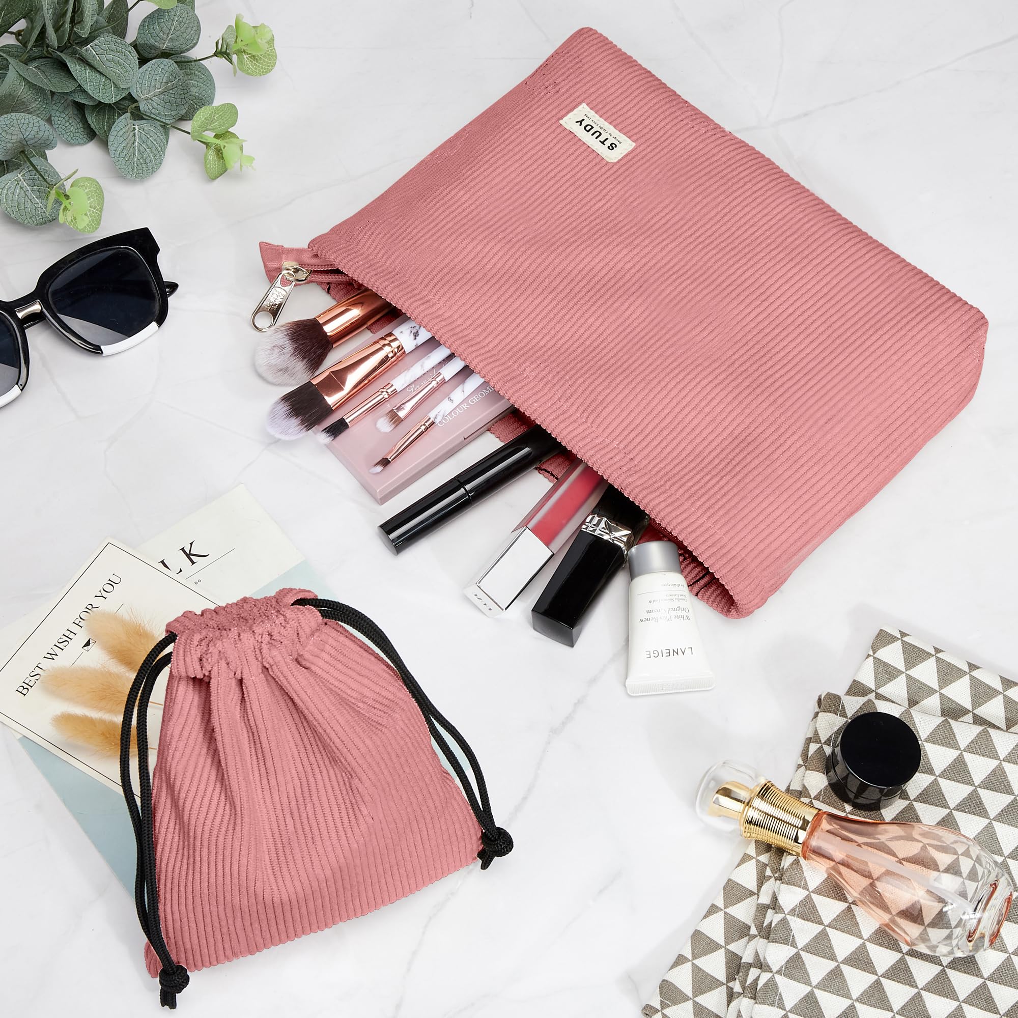 WLLWOO 2-Piece Corduroy Makeup Bag Set - Waterproof Cosmetic Pouch with Zipper, Travel Toiletry Organizer & Pencil Case for Women | Perfect for Daily Use, Travel, and Gift Giving