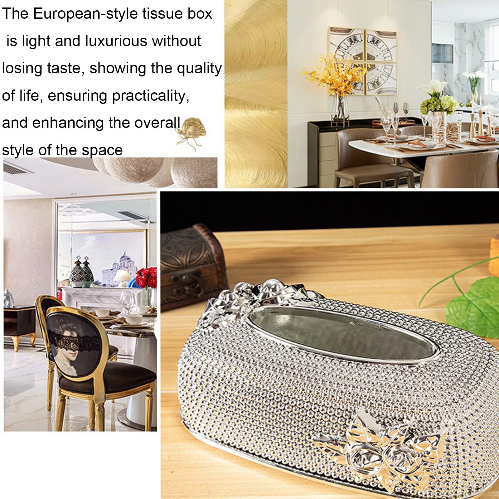 Luxury Silver Rose Plastic Tissue Box Cover with Wide Draw Hole - Elegant Lace Rectangle Tissue Holder for Dresser, Bathroom & Home Decor - Perfect for Bedroom, Living Room and Office Organization