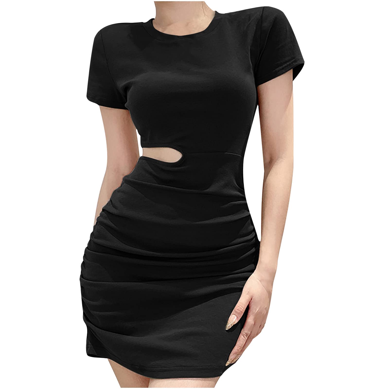 Women's Casual Summer Dress - Solid Round Neck Short Sleeve Mini T-Shirt Dress for Party, Club & Everyday Wear | Bodycon Cut-Out Design | Perfect for Beach, Date Night & Vacation Outfits