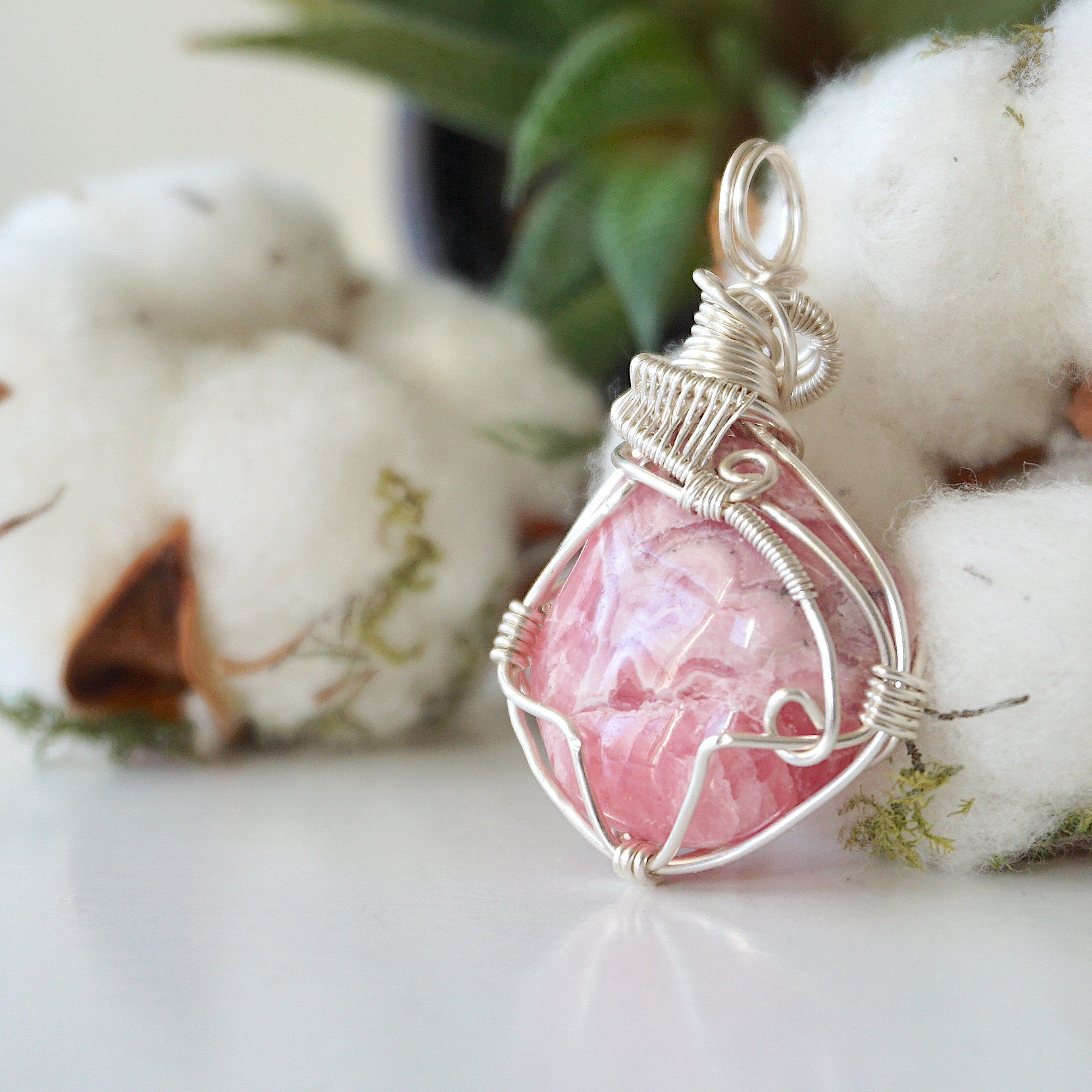 Rhodochrosite Pendant Necklace in Bright Silver - Elegant Jewelry for Women, Gift for Valentine's Day, Birthday & Special Occasions