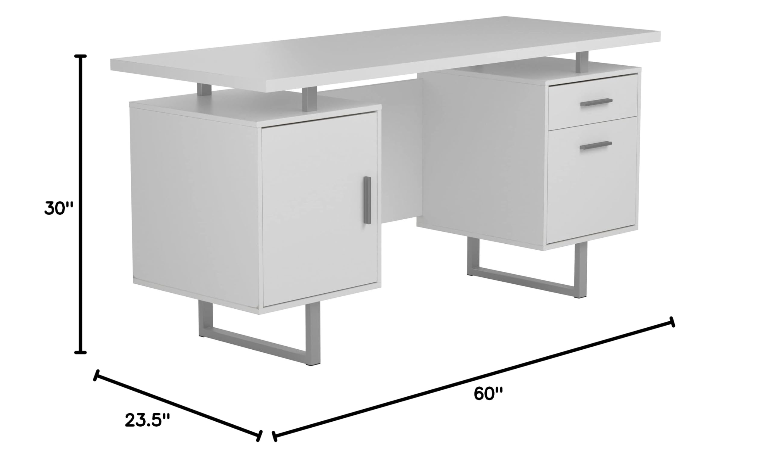 Modern Contemporary 2-Drawer Home Office Writing Desk with Storage File Cabinet - Silver Metal Frame & White High Gloss Finish - Perfect for Small Spaces, Home Offices, and Workspaces (Model 803521)