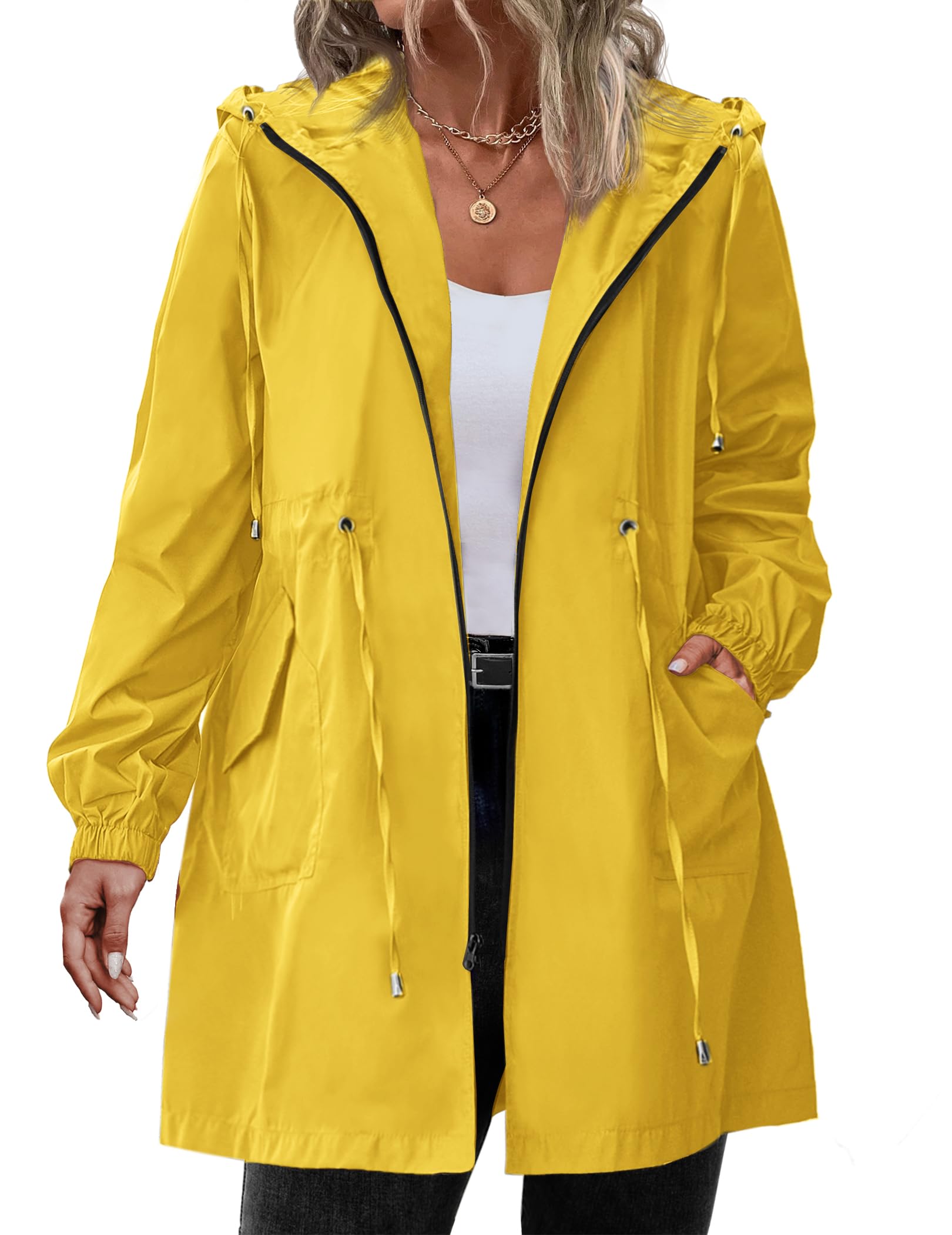 IN'VOLAND Women's Plus Size Lightweight Waterproof Rain Jacket with Hood & Pockets - Long Windbreaker Raincoat for Outdoor Hiking, Commuting & Travel