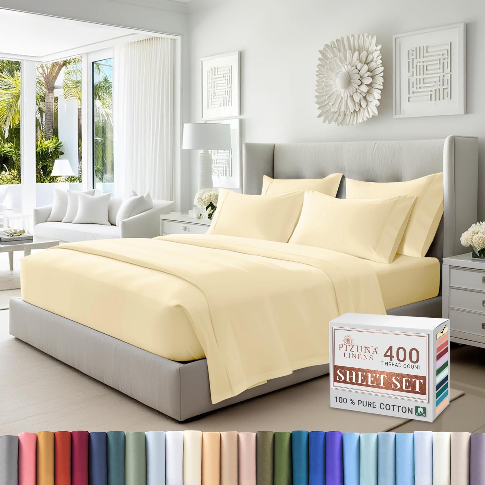 Premium 100% Cotton King Size Sheets - Ivory 400 Thread Count Long Staple Sateen Weave with 15