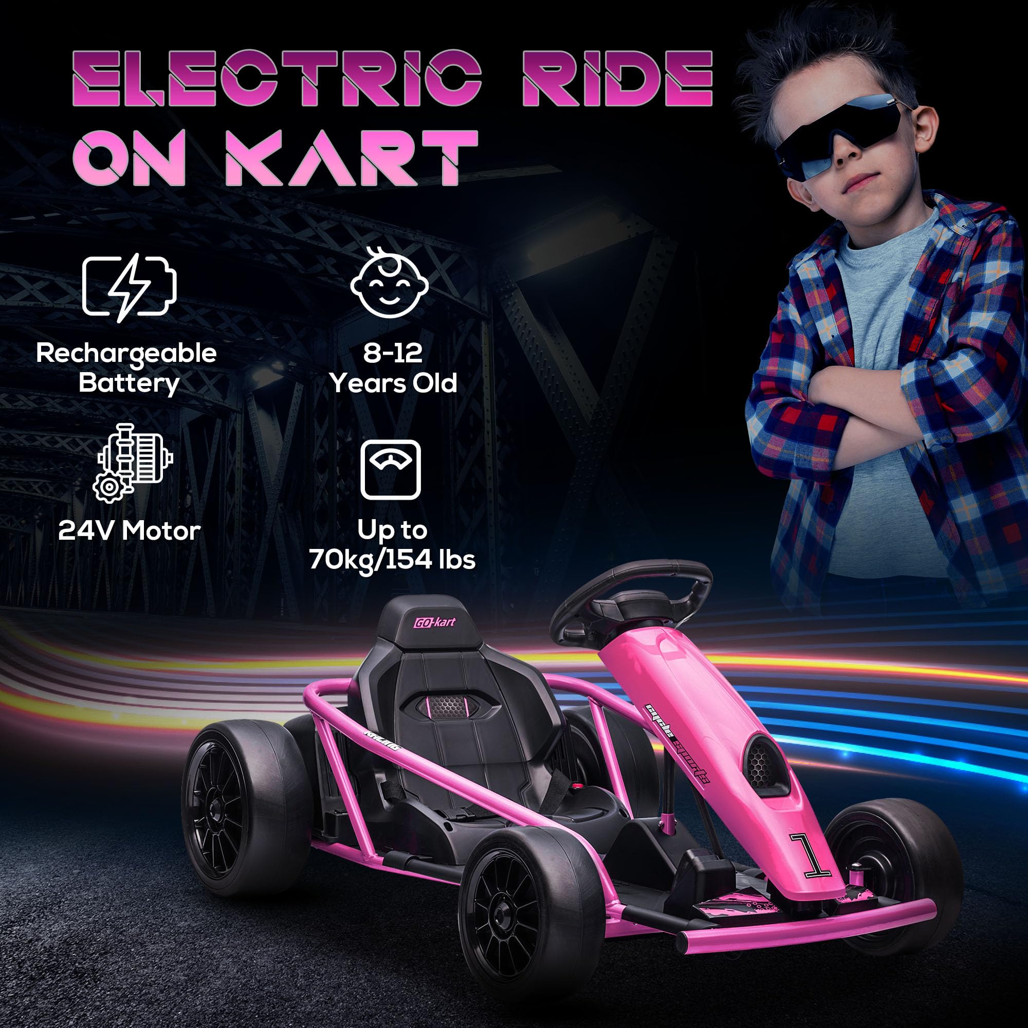 Aosom 24V 8.1 MPH Electric Go Kart for Kids - Battery Powered Drifting Ride-On Toy with Slow Start, Music, Horn & Safety Belt - Outdoor Fun for Ages 8-12 (Pink) | Perfect for Backyard Racing, Birthday Gifts & Outdoor Family Activities