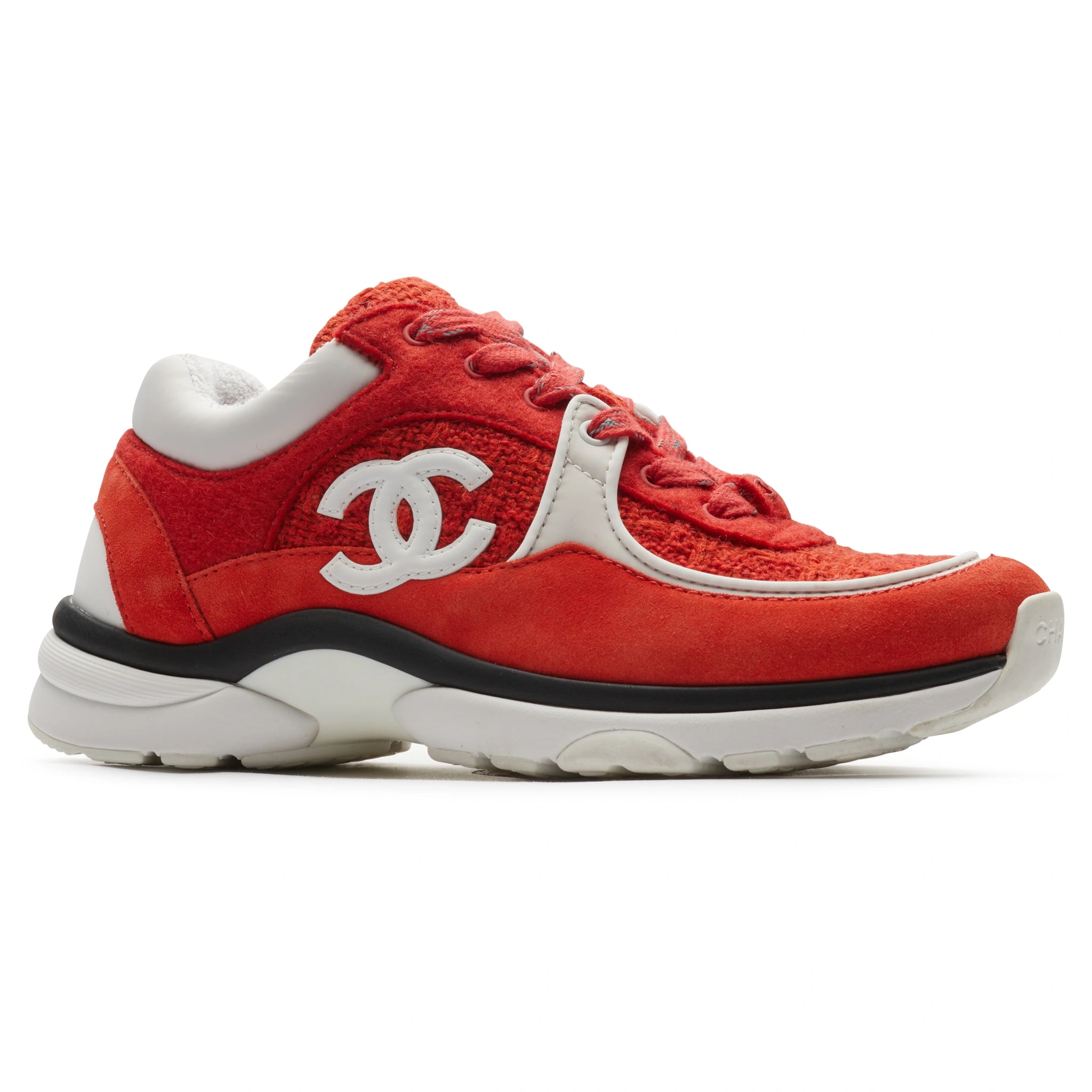 Chanel CC Logo Suede Red Tweed Sneakers - Authentic Pre-Owned Luxury Shoes for Women | Perfect for Casual Outfits, Street Style & Fashion Events