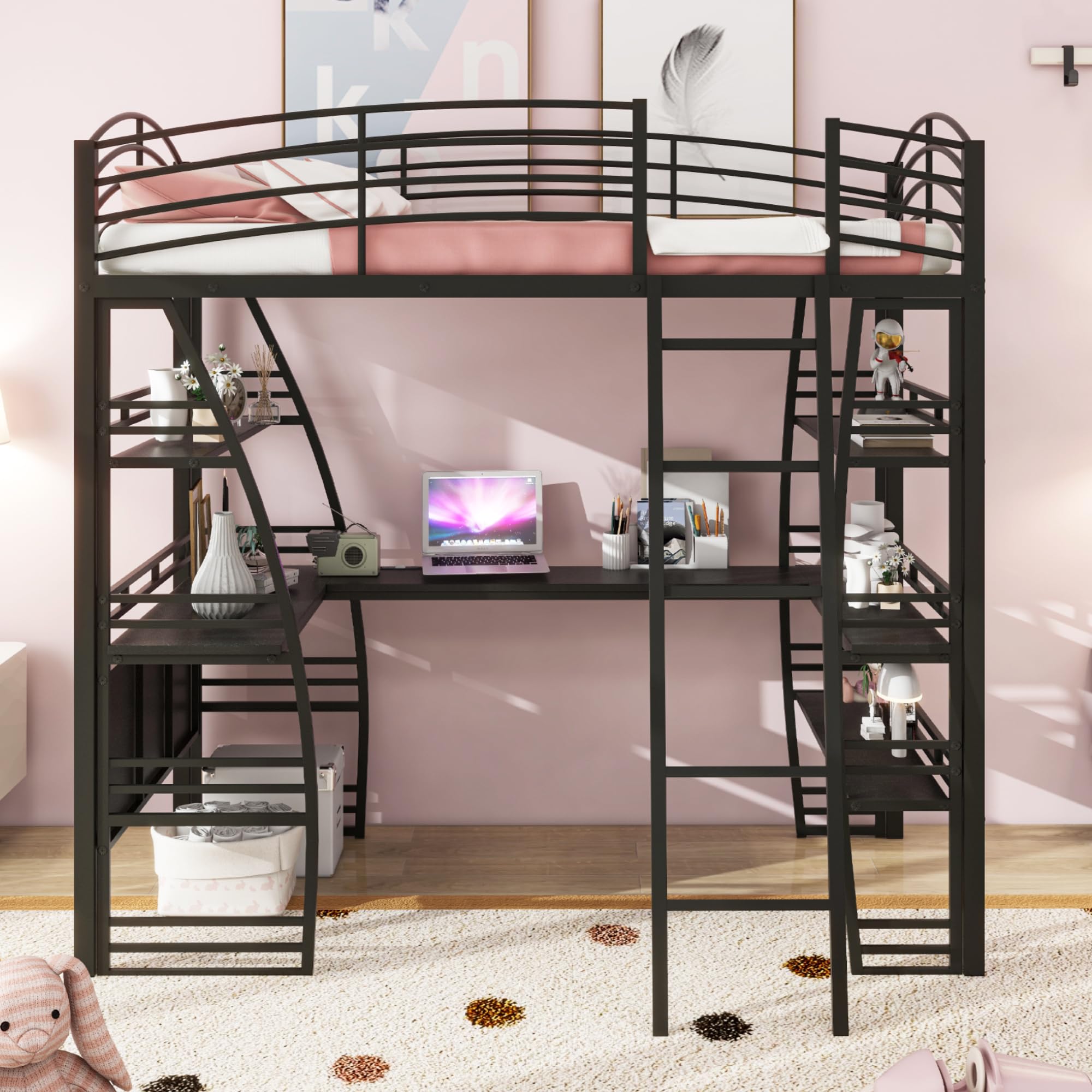 Harper & Bright Designs Twin Size Loft Bed with 4-Tier Shelves & L-Shaped Study Desk - Sturdy Metal Frame with Built-in USB Ports, Power Outlets & Wireless Charging - Space-Saving Black Loft Bed for Kids & Teens - Perfect for Small Bedrooms, Dorms & Studio Apartments