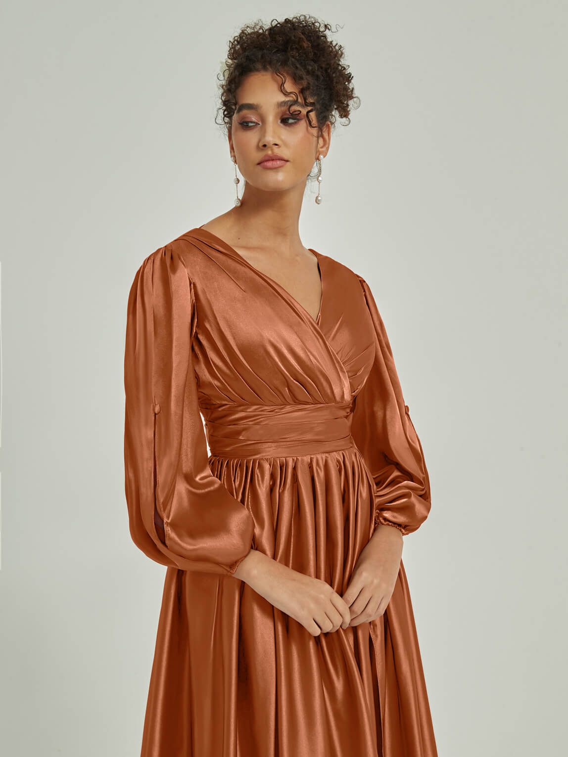 Elegant Cooper Satin 3/4 Sleeve V-Neck Pleated Bridesmaid Dress with Side Slit - Perfect for Weddings, Formal Events & Special Occasions