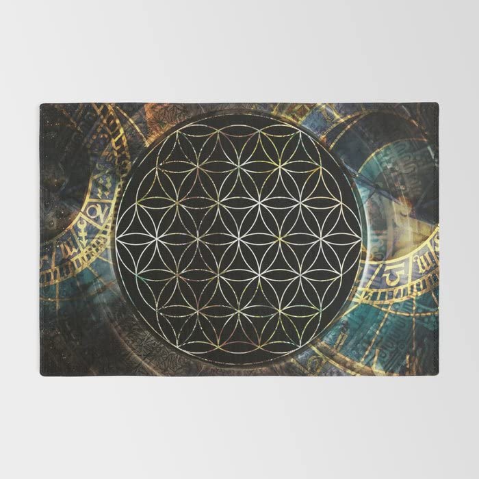 Flower of Life Sacred Geometry Area Rug - Black Spiritual Floor Rug in 2x3, 4x6, 5x7, 8x10, 9x12 Sizes - Gold Zodiac Decor for Meditation Room, Yoga Studio & Boho Home Decor