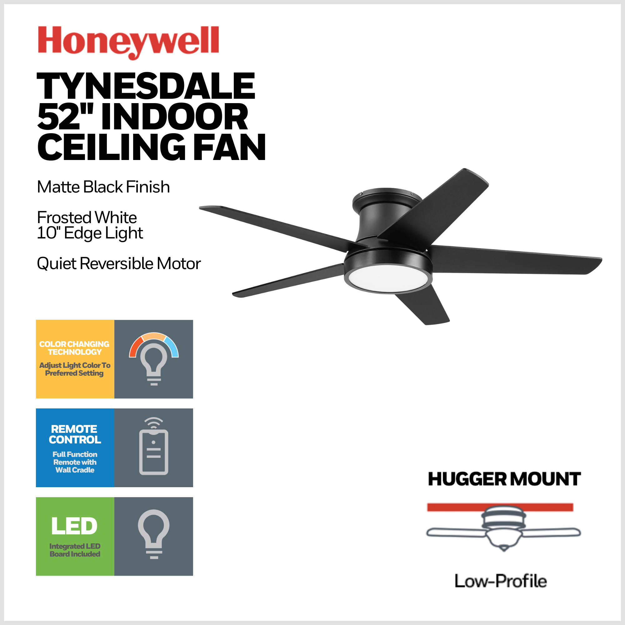 52 Inch Honeywell Tynesdale Matte Black Ceiling Fan with Color Changing LED Light & Remote Control - Perfect for Living Room, Bedroom, and Outdoor Patio Cooling