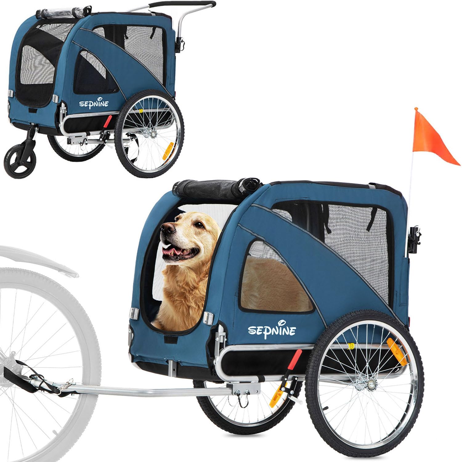 Sepnine 2-in-1 Large Dog Bike Trailer & Pet Stroller - Foldable Frame with Hand Lock Brakes & Universal Bicycle Coupler (Blue) - Perfect for Cycling, Jogging & Outdoor Adventures with Your Dog