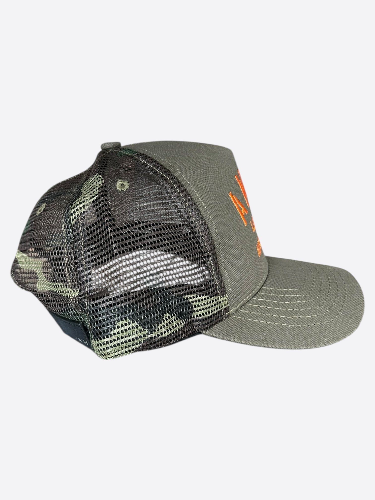 Amiri Camouflage & Orange Stencil Logo Trucker Hat - Stylish Streetwear Cap for Men, Fashionable Camo Design - Perfect for Urban Outfits, Music Festivals & Casual Wear