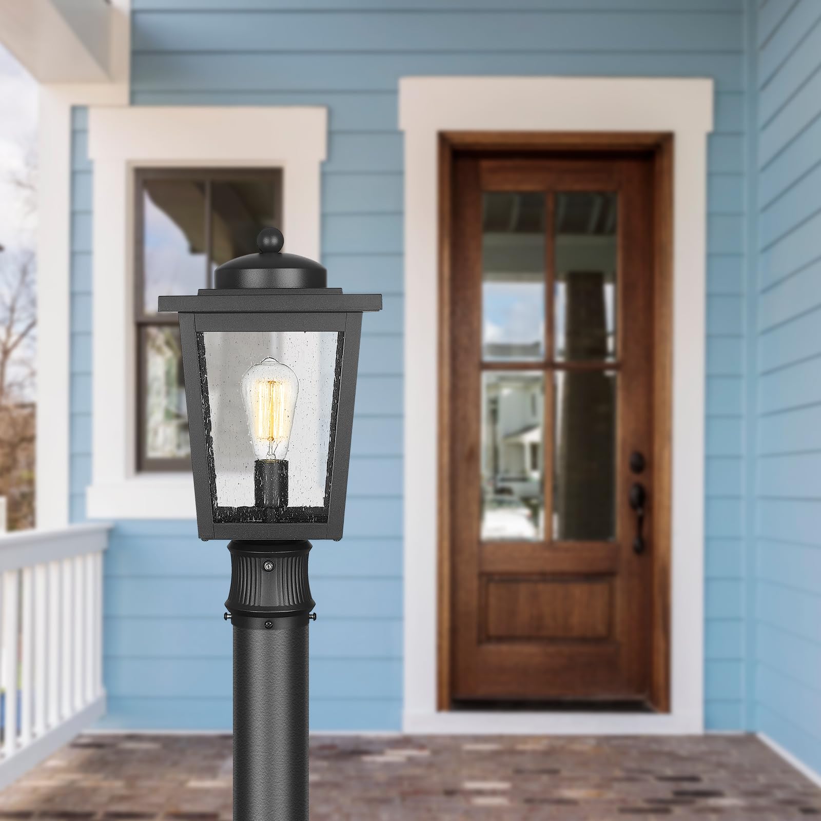 Dusk to Dawn Outdoor Post Lights - Seeded Glass Lamp Post Light Fixture with Black Finish, Waterproof & Rust-Resistant Aluminum Pillar for Walkway, Driveway, Patio, Porch - Perfect for Garden, Yard, and Landscape Lighting