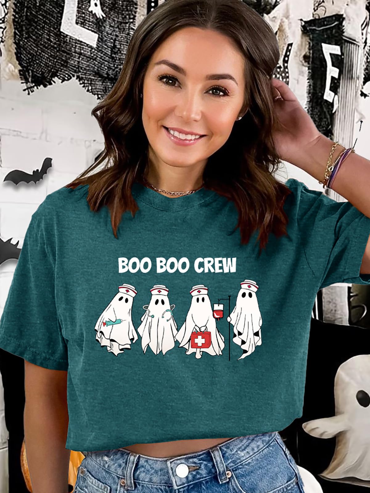 Funny Women's Boo Ghost Halloween T-Shirt - Short Sleeve Graphic Tee for Halloween Costume & Party Outfits | Perfect for Trick-or-Treating, Costume Parties & Spooky Season