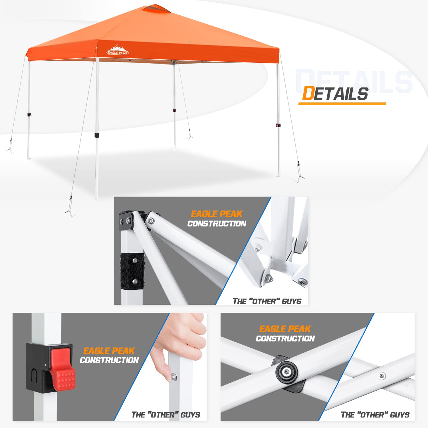 EAGLE PEAK 10x10 ft Pop Up Canopy Tent with Wheeled Carry Bag - Includes 8 Stakes, 4 Ropes & 4 Weight Bags - Easy Setup Instant Shelter for Outdoor Events, Beach, Camping & Backyard Parties - 100 sq ft Shade Coverage in Orange