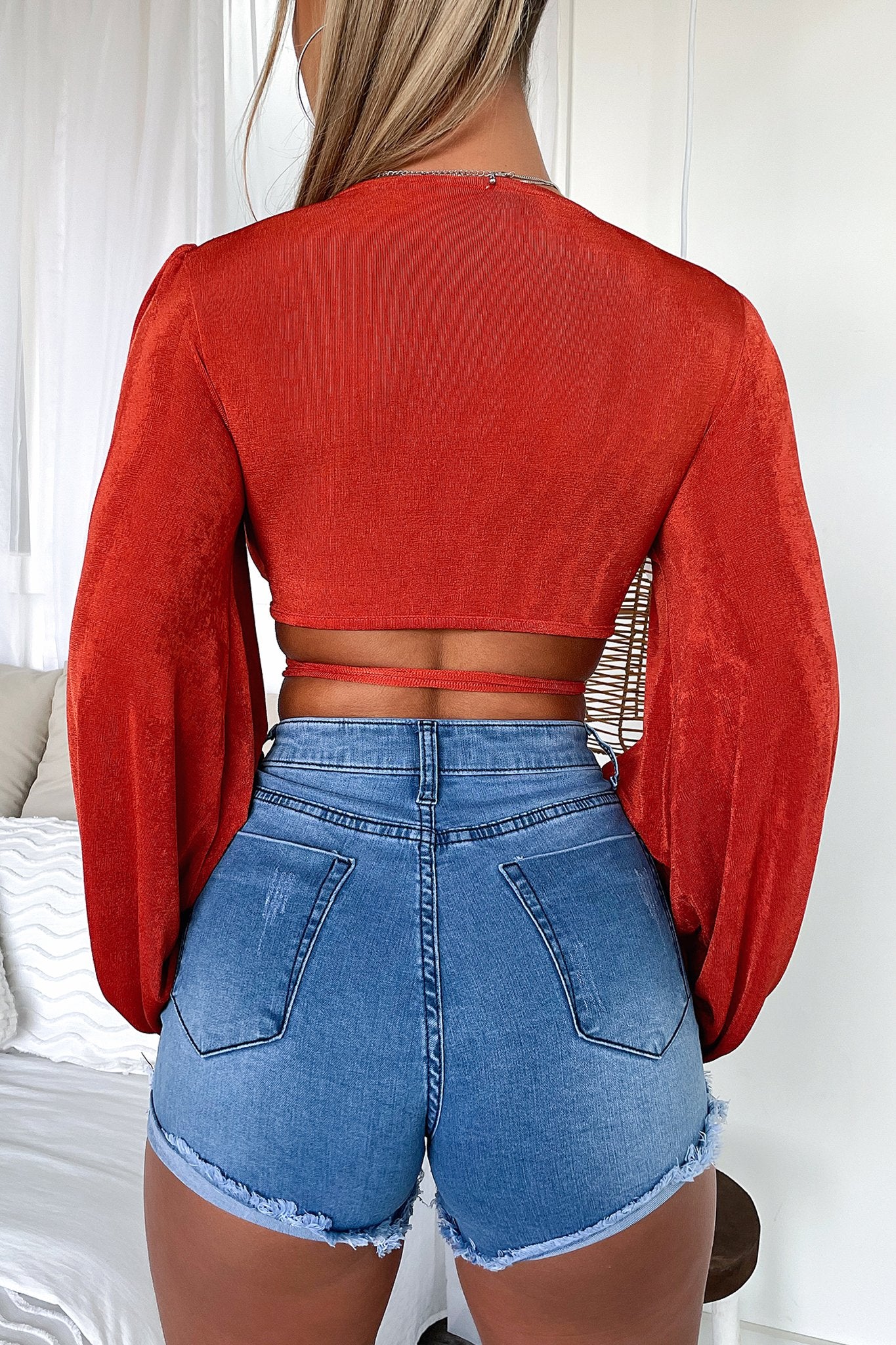 Kelsy Long Sleeve Crop Top - Rust Red Women's Fashion T-Shirt for Casual Wear, Street Style & Fall Outfits