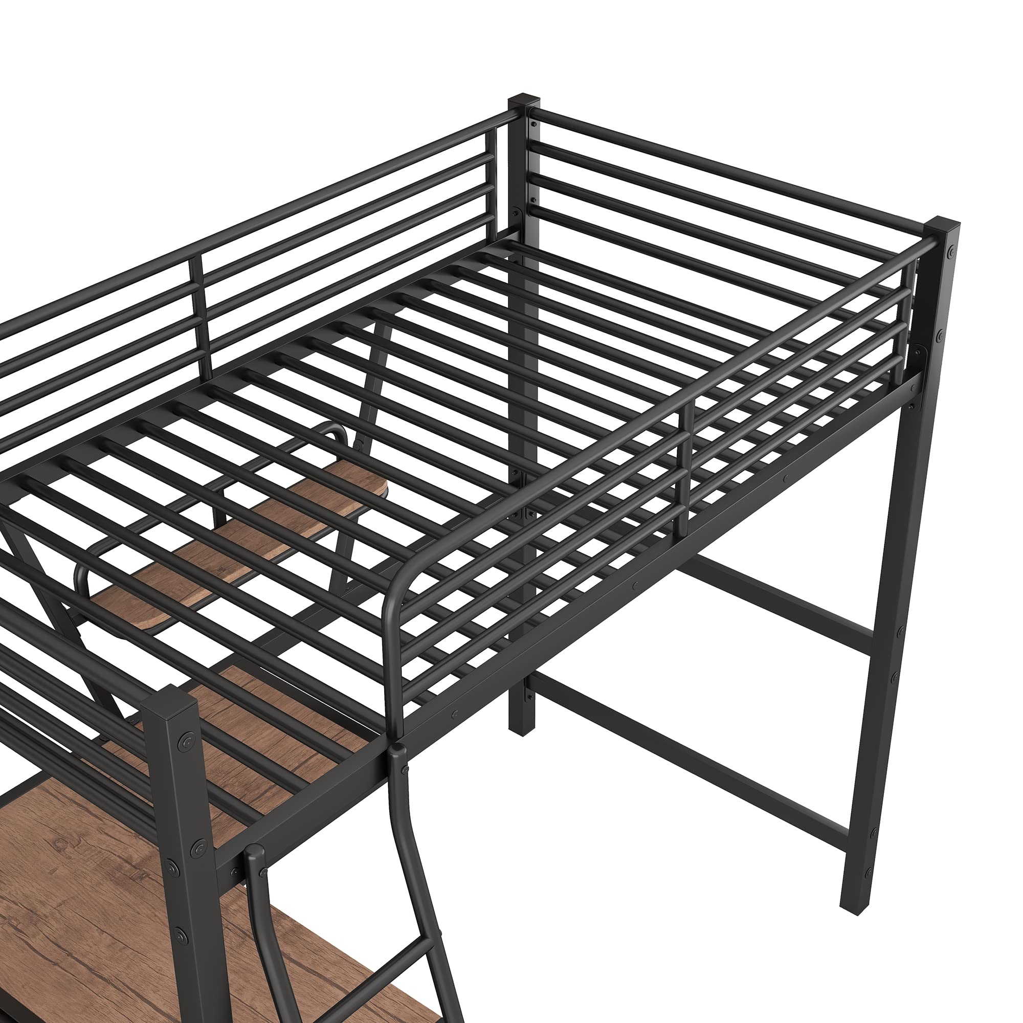 KLMM Modern Twin Size Loft Metal & MDF Bed with Built-in Desk and Shelves - Space Saving Study Bed for Teens & Adults - Perfect for Small Bedrooms, Dorm Rooms & Studio Apartments (Black)