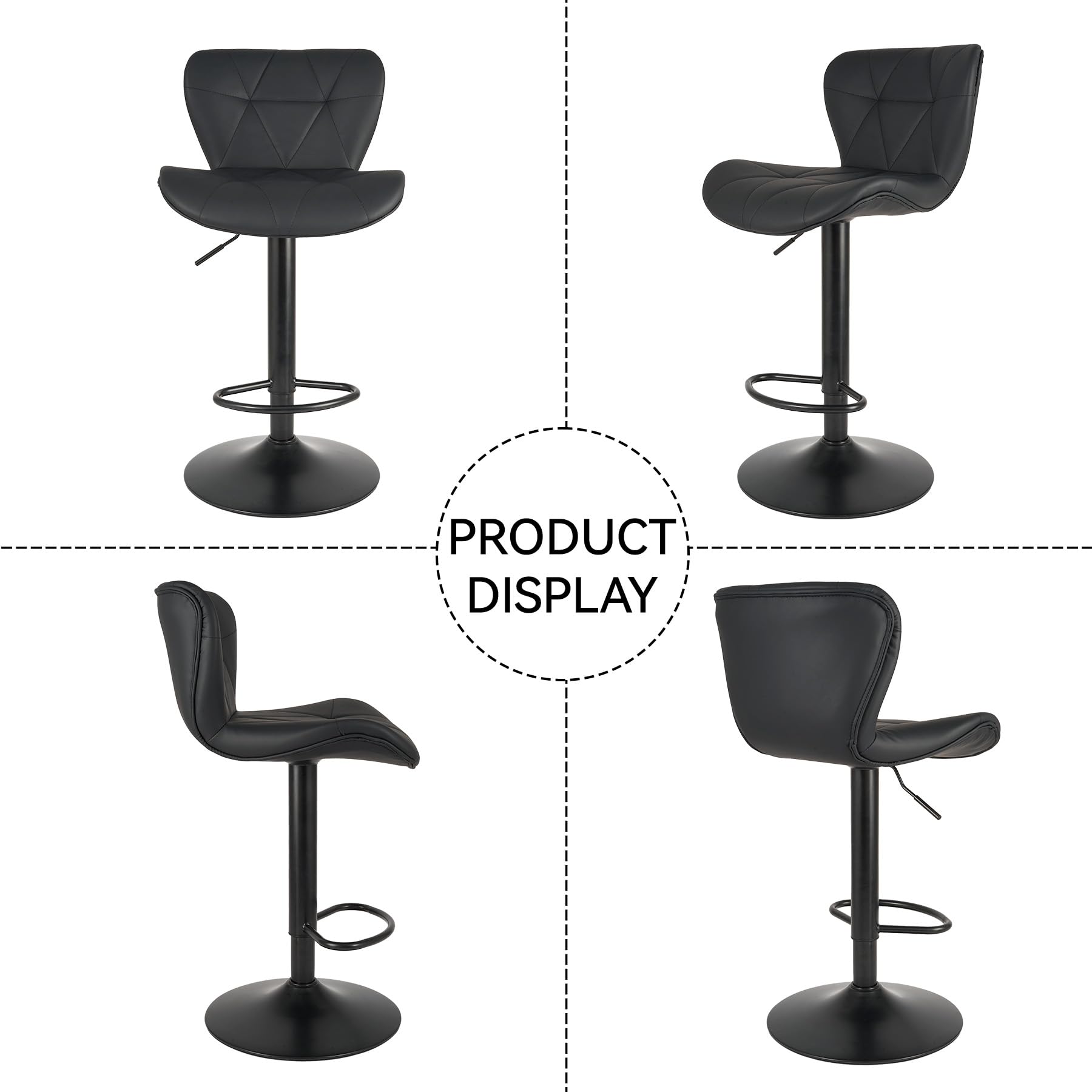 Modern Bar Stools Set of 2 - Adjustable Height Faux Leather Swivel Counter Stools with Back Support for Kitchen Island, Dining Bar & Home Decor - Black