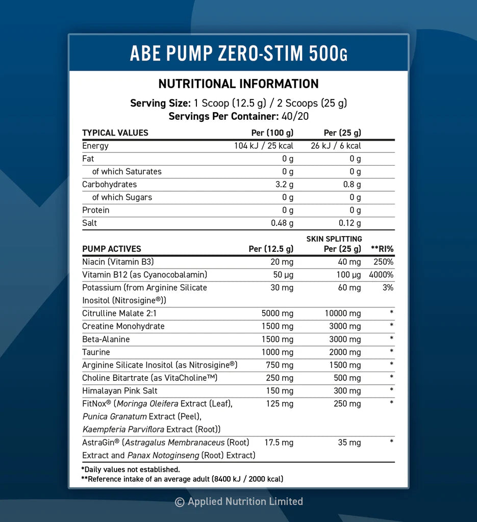 Applied Nutrition ABE Pump Zero Stim Pre Workout Powder 500g - Nitric Oxide Booster for Muscle Pump & Performance - Ideal for Gym, Bodybuilding & Fitness Training