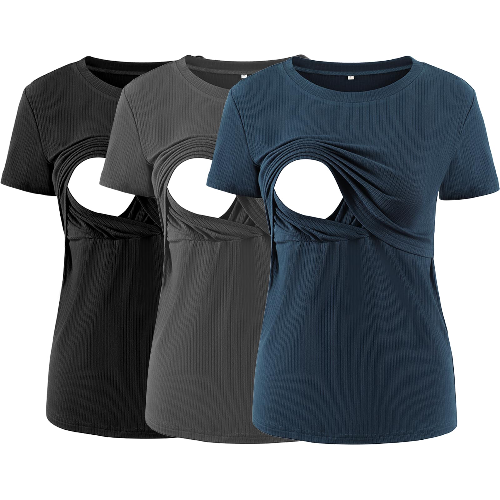 Liu & Qu Women's Maternity Nursing Tops - 3 Pack Soft Ribbed Short Sleeve Breastfeeding Shirts for Comfortable Pregnancy & Nursing | Perfect for Daily Wear, Work & Mother-Baby Bonding Time