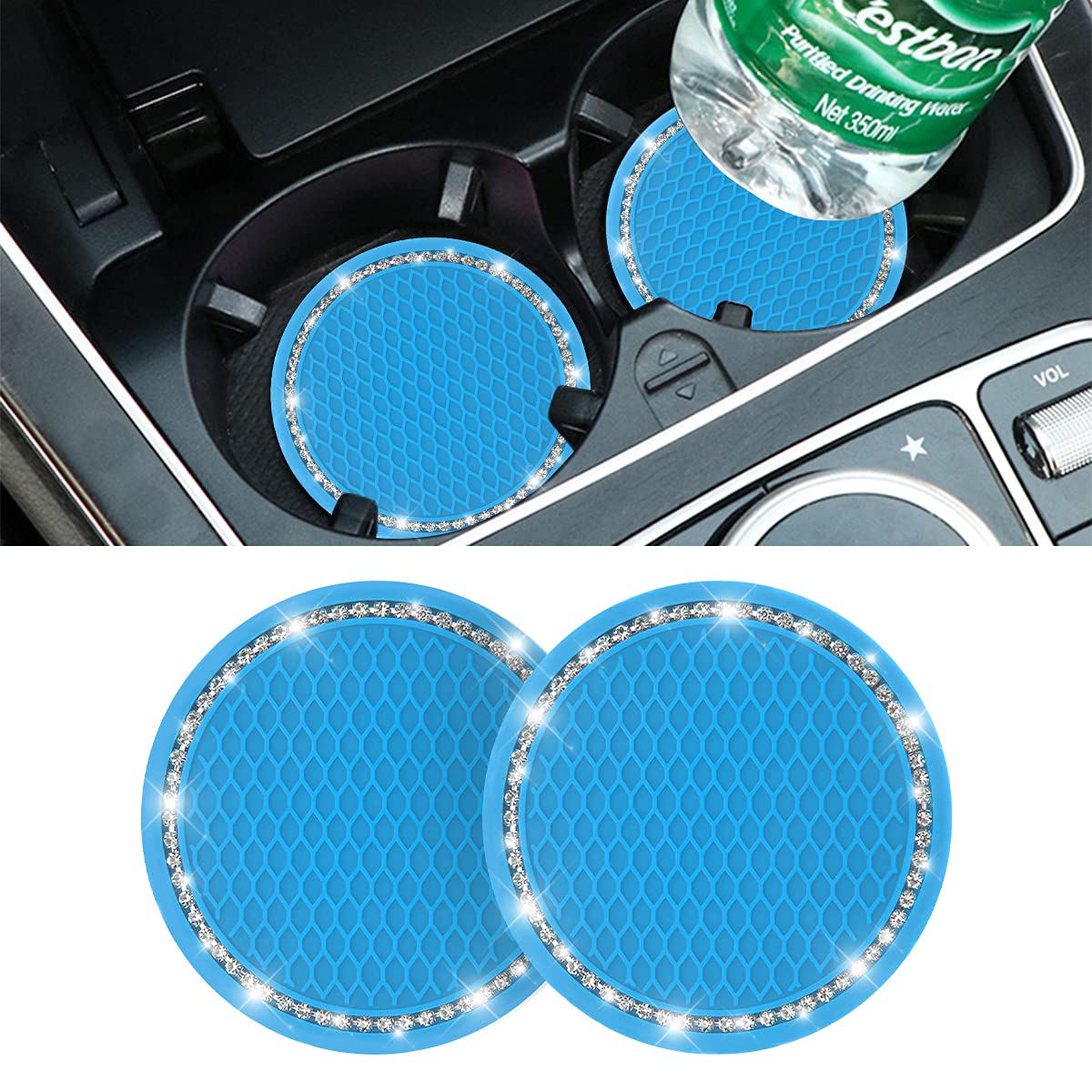 2-Pack Crystal Rhinestone Car Cup Holder Coaster - 2.75 Inch Universal Cup Insert for Cars, SUVs & Vehicles - Blue Car Interior Accessories - Perfect for Road Trips, Commuting & Daily Driving