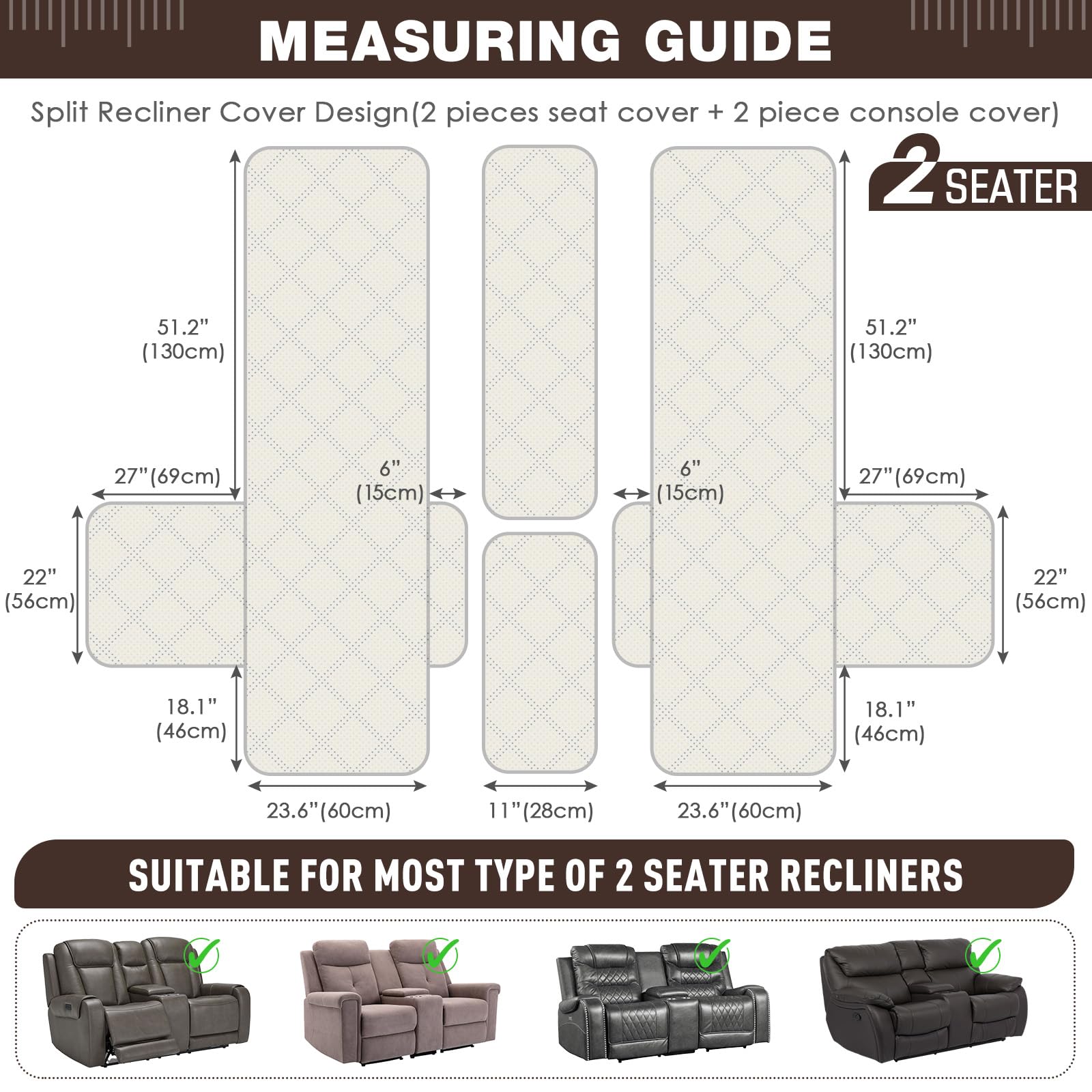 TAOCOCO Loveseat Recliner Cover with Console - Non-Slip Recliner Chair Slipcover in Chocolate Brown - Perfect for Living Room, Home Theater, and Family Room Furniture Protection
