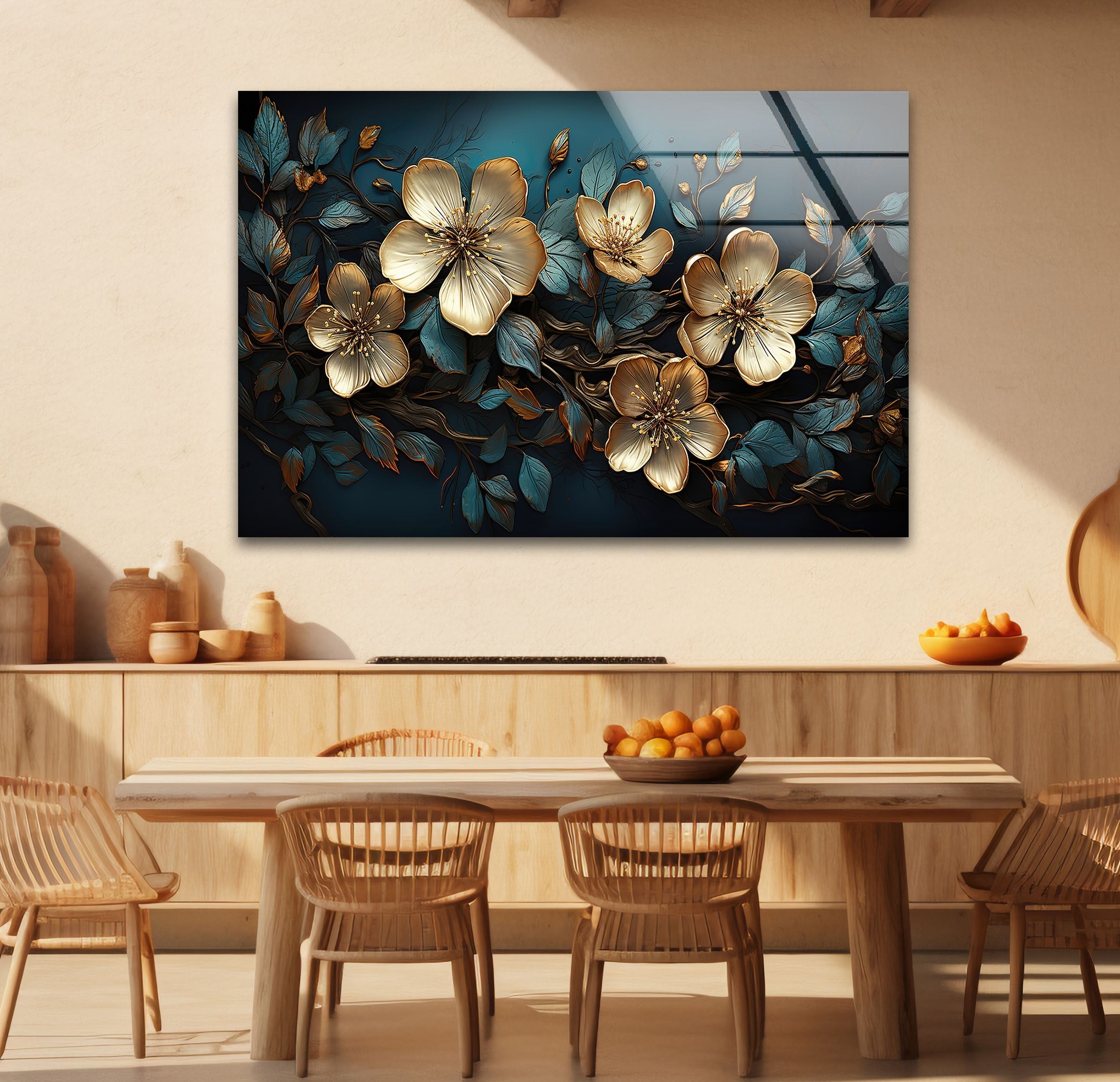 Beige & Blue Botanical Glass Wall Art - Elegant Home Decor for Living Room, Bedroom & Office - Perfect Gift for Housewarming & Wedding