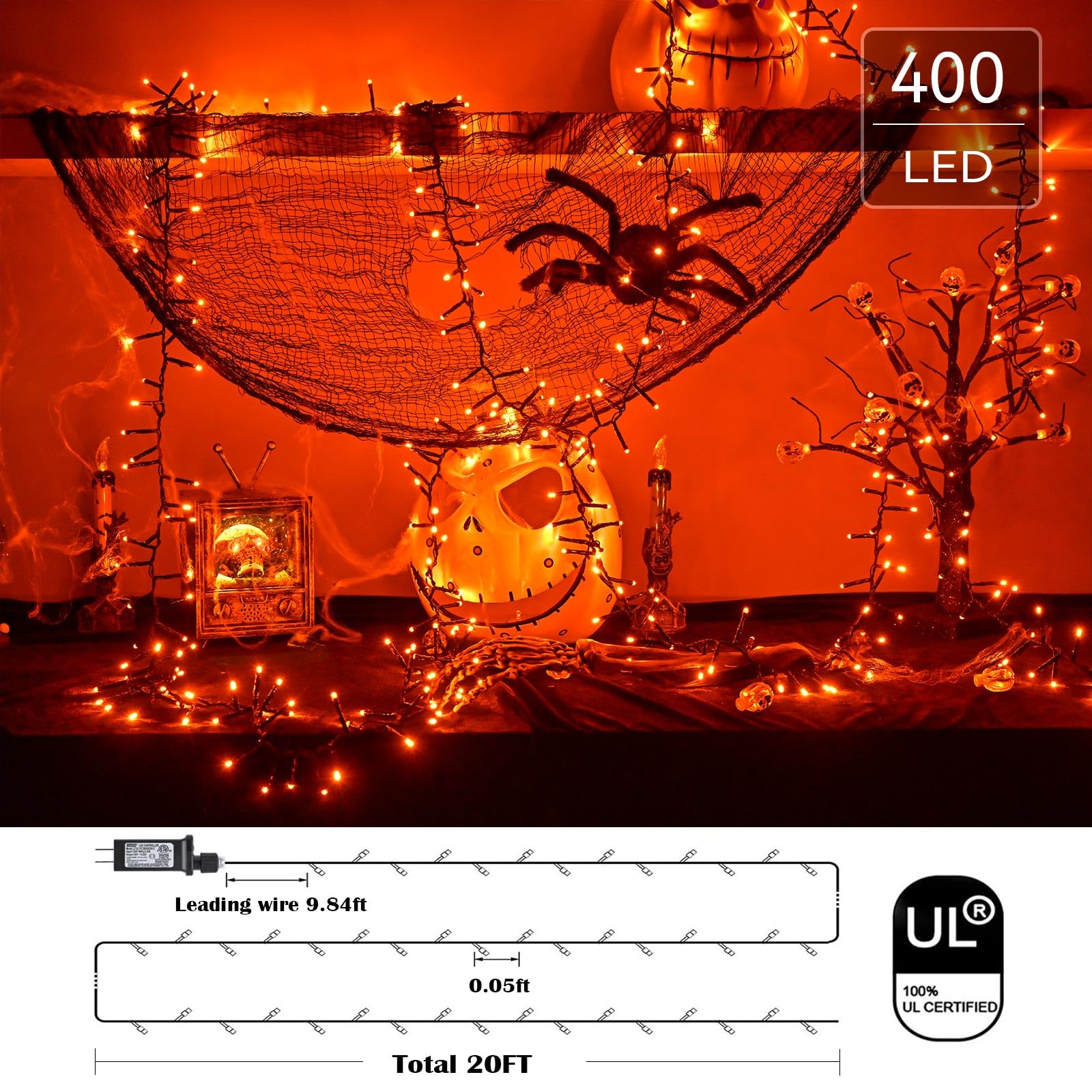 400 LED Orange Halloween String Lights - 19.7FT Waterproof Indoor/Outdoor Decor with 8 Lighting Modes for Halloween, Christmas, Parties, Room & Garden Decoration