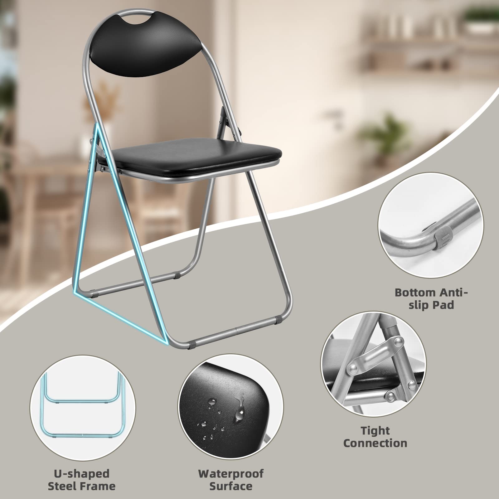 2 Pack Folding Chairs with Padded Seat & Back - Portable Metal Chairs with Carrying Handle for Indoor Outdoor Use - Perfect for Weddings, Parties, Dining, Home Office & Commercial Events - Black