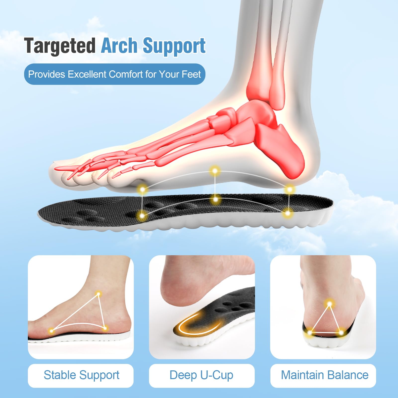 4D Cloud Soles for Women - Soft Memory Foam Cushioning Insoles with Arch Support - Trim to Fit Comfort Insoles for Foot Pain Relief & Fatigue Reduction (US Women's 6.5-9) - Perfect for Running, Walking & Standing All Day