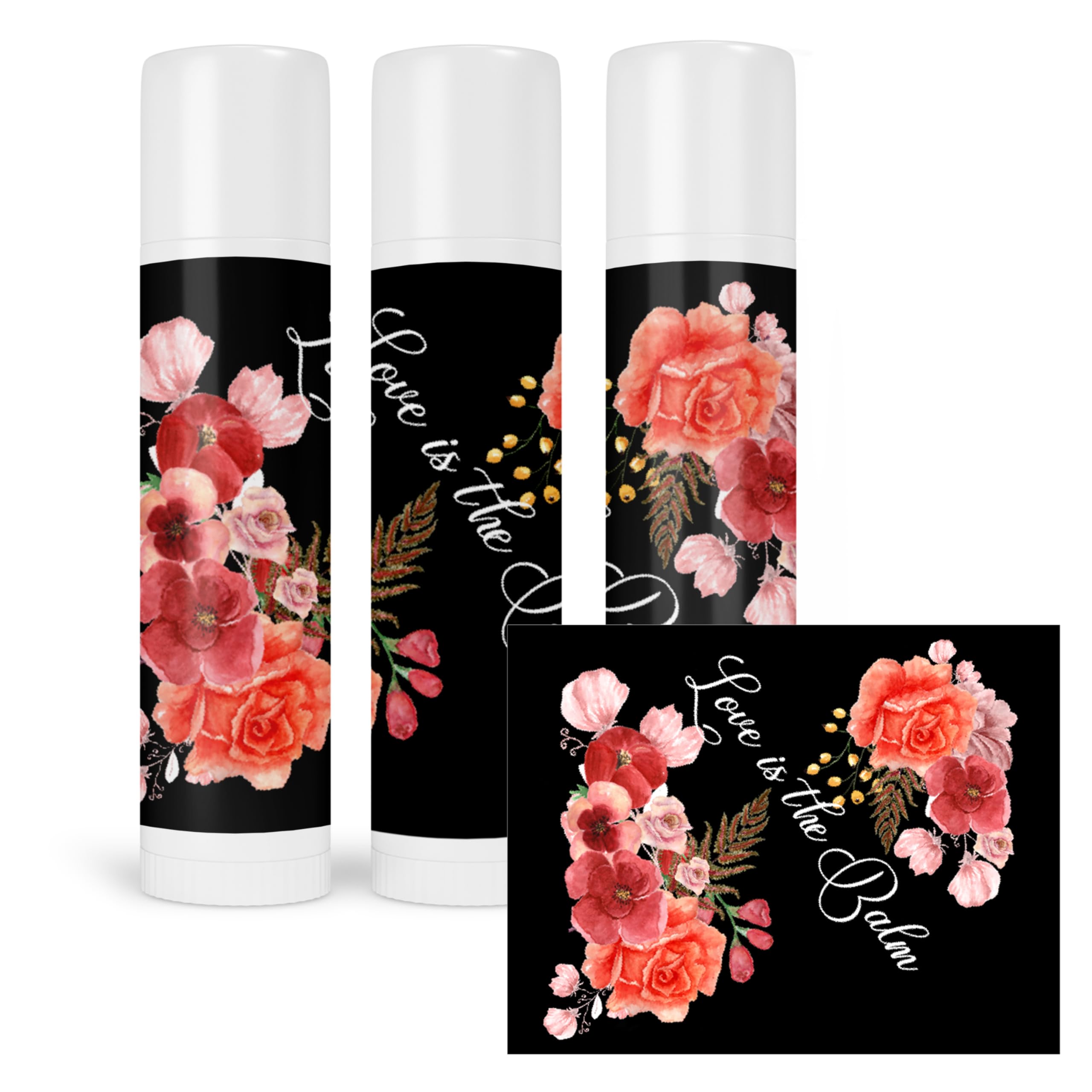 Elegant Red & Black Floral Wedding Lip Balm Labels - Custom Party Favor Stickers for Bridal Showers, Bridesmaid Gifts & Wedding Decorations - Perfect for DIY Wedding Favors, Bridal Party Gifts & Special Occasions