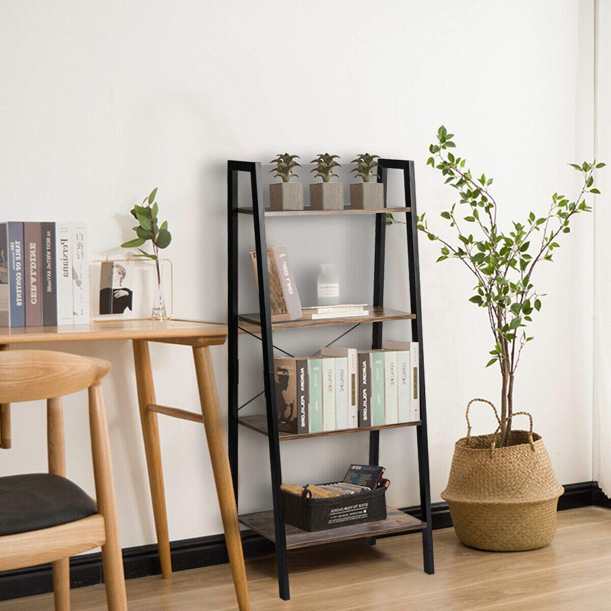 4-Tier Industrial Ladder Shelf - Modern Bookshelf Storage for Living Room, Office & Bathroom - Multifunctional Plant Stand & Bookcase - Space-Saving Home Decor Solution