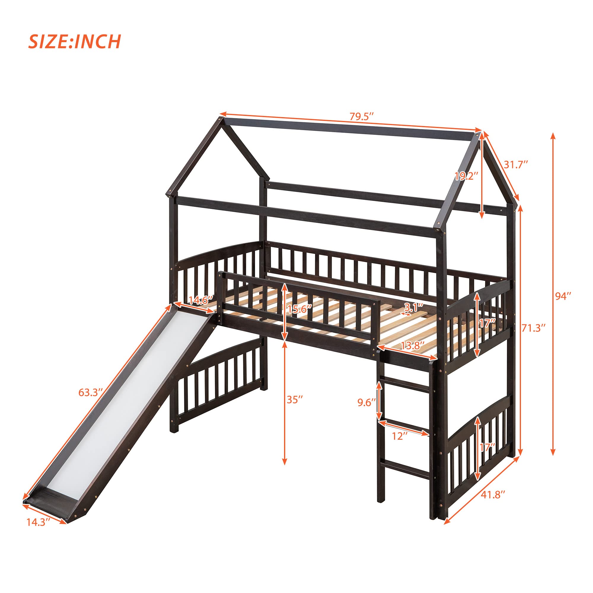 Harper & Bright Designs Twin Loft Bed with Slide & Ladder - Wooden Kids House Loft Bed for Girls & Boys, No Box Spring Needed, Espresso Finish - Perfect for Small Bedrooms, Playrooms & Sleepovers
