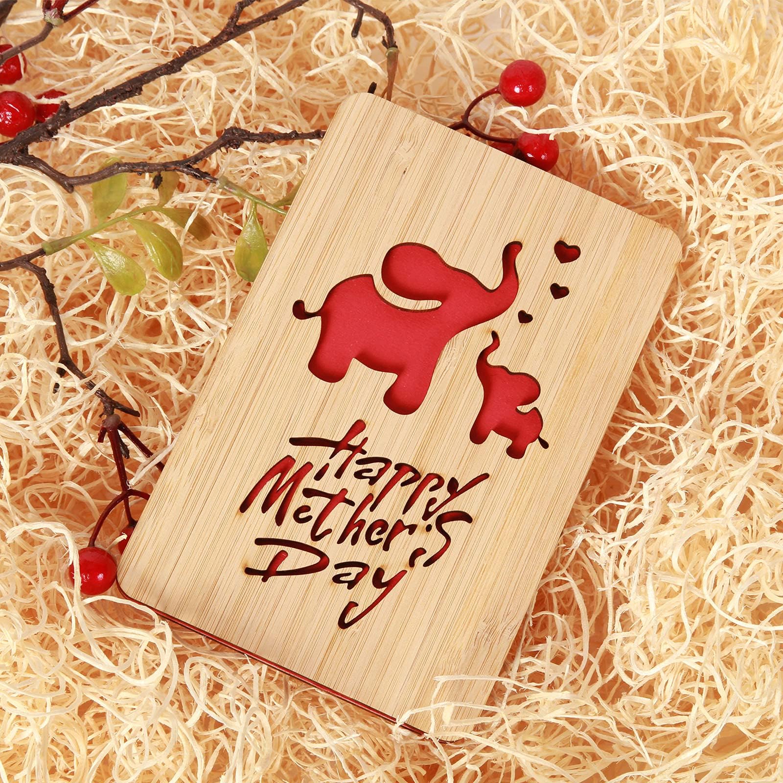 Handmade Bamboo Greeting Cards for Mother's Day - Wooden Thank You & Birthday Cards for Mom - Elephant Pattern Design - Perfect for Mother's Day Gifts, Birthday Presents & Special Occasions