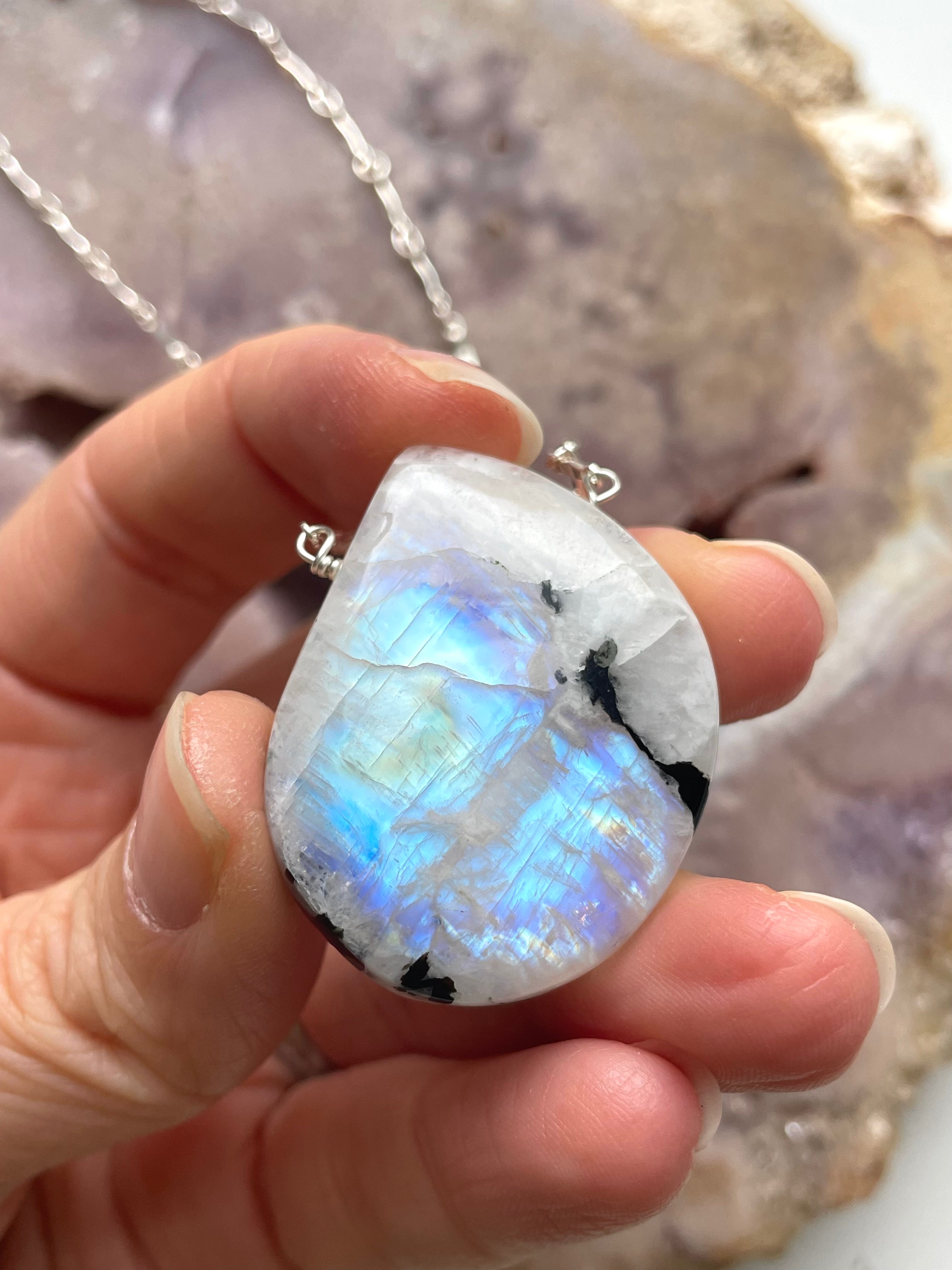 Large Moonstone Pendant Necklace Sterling Silver 925 - Elegant Boho Jewelry for Women, Perfect for Weddings, Parties & Everyday Wear