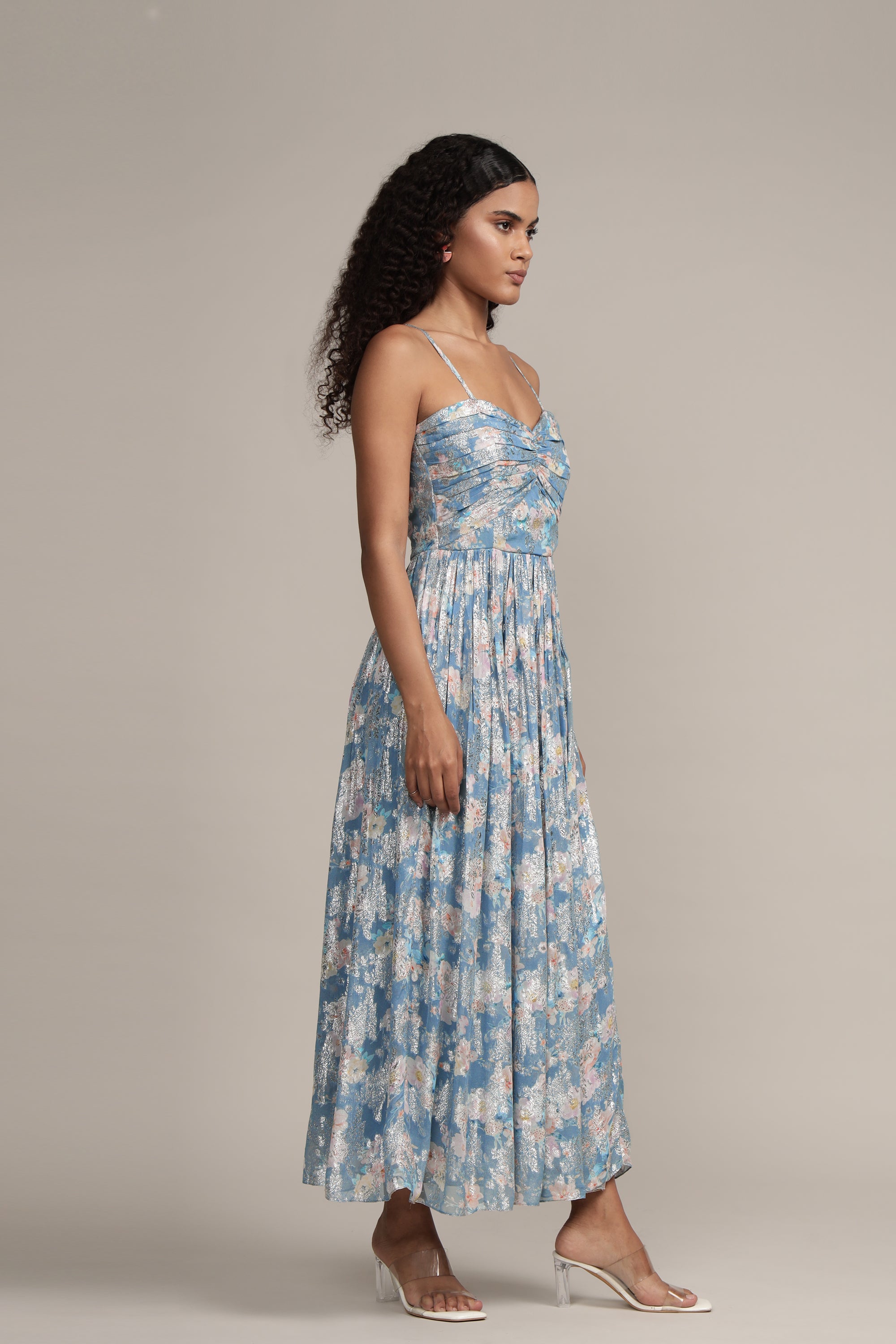 Nelex Metallic Printed Midi Dress - Blue Floral Elegant Party Dress for Women | Perfect for Cocktail Parties, Weddings & Date Nights
