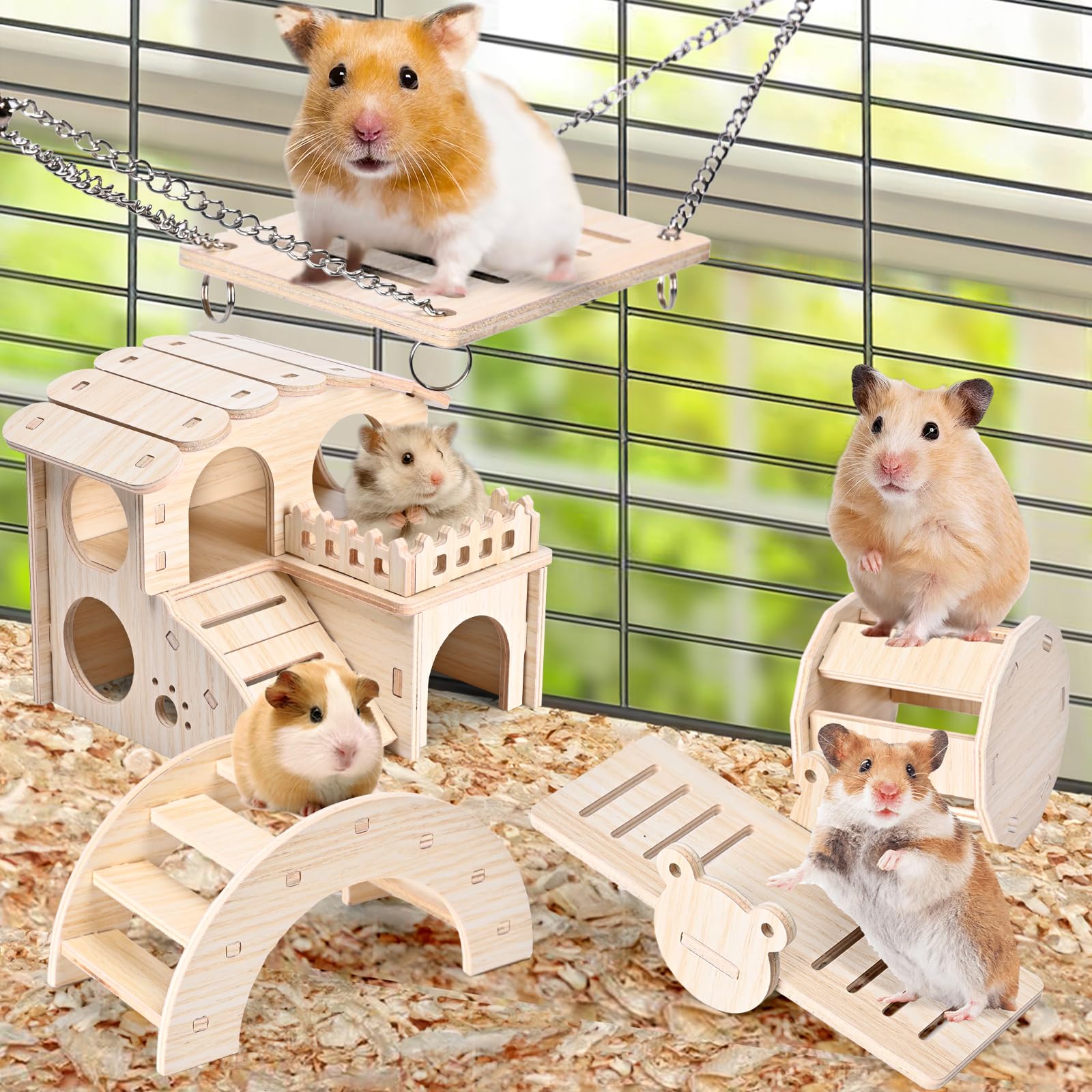 7pcs Wooden Hamster Cage Accessories Set - Hamster House, Exercise Ball, Seesaw Bridge, Hideout & Swing Toys for Hamsters, Guinea Pigs & Small Pets | Perfect for Cage Enrichment & Playtime Activities