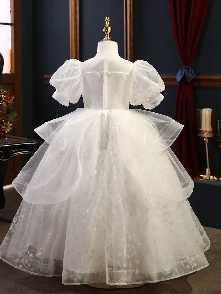 White Princess Round Organza Flower Girl Dress for Weddings, Baptisms & Special Occasions - Elegant & Comfortable Formal Wear