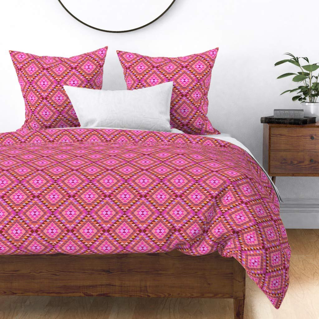 Premium Spoonflower Cotton Sateen Duvet Cover - King/California King Size | Kilim Warm Multi Southwestern Pink Tribal Tropical Boho Design with Orange Triangles | Desert Decor Print Custom Bedding for Bohemian & Eclectic Bedroom Style