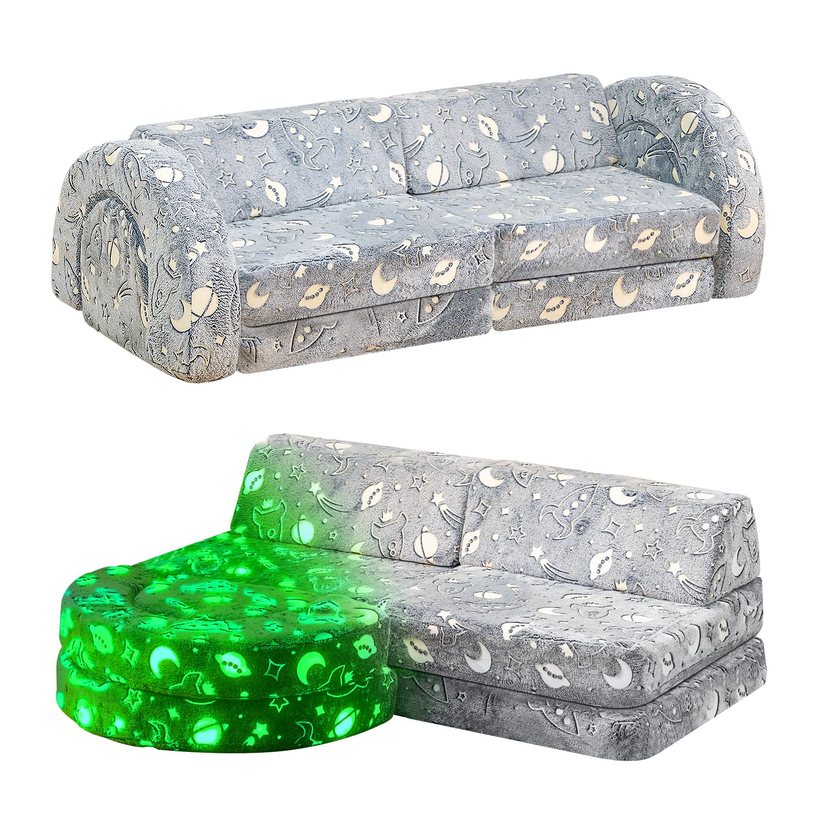 10Pcs Modular Kids Play Couch with Glow - Convertible Play Fort Sofa for Toddlers | Instant Rebound 28D Foam | Playroom & Bedroom Furniture | Gray & Space Theme | Perfect for Indoor Playtime, Sleepovers & Creative Fun