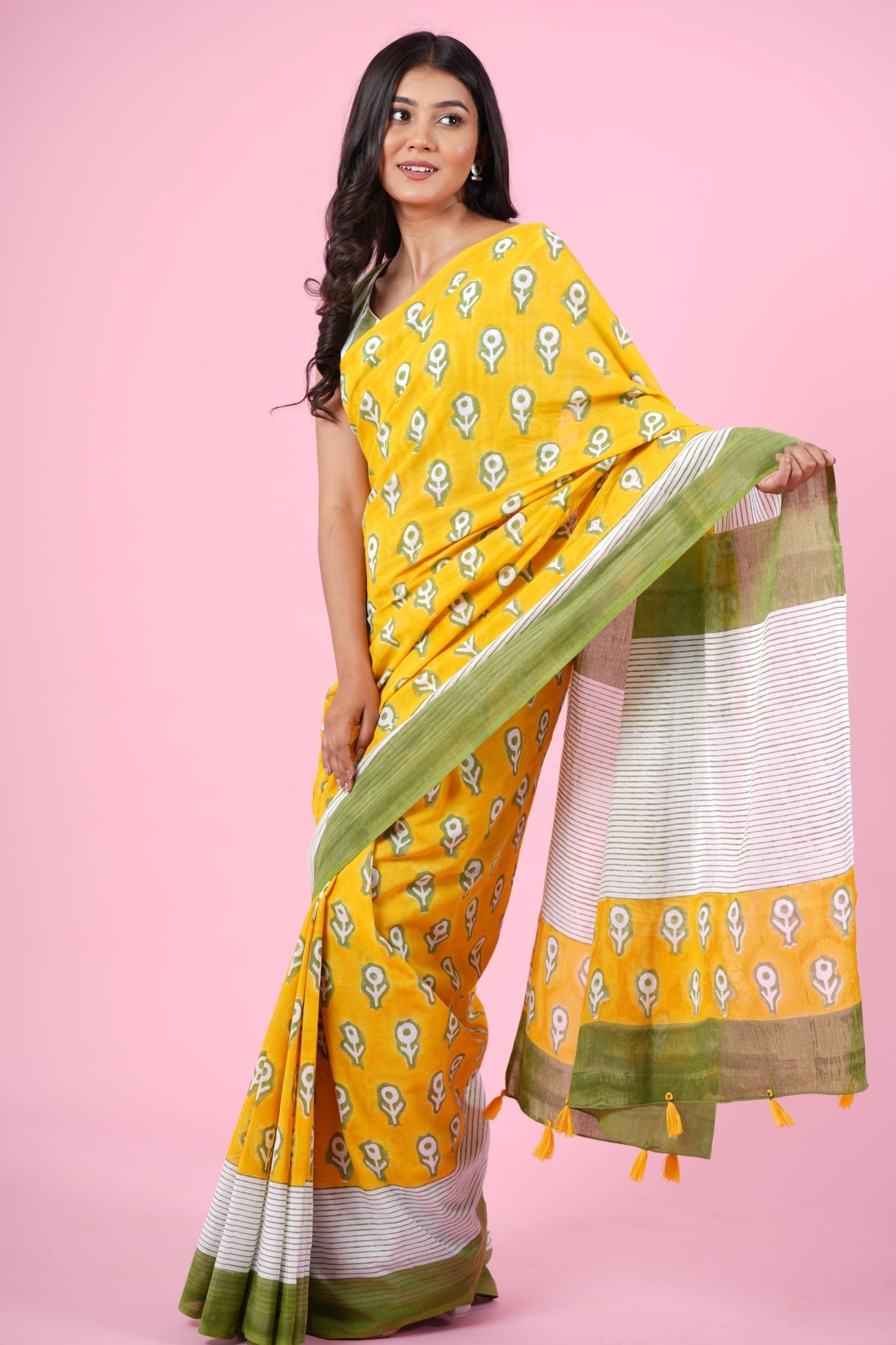 Handblock Printed Mandevilla Yellow Mul Cotton Saree - Elegant Traditional Indian Attire for Weddings, Festivals & Special Occasions